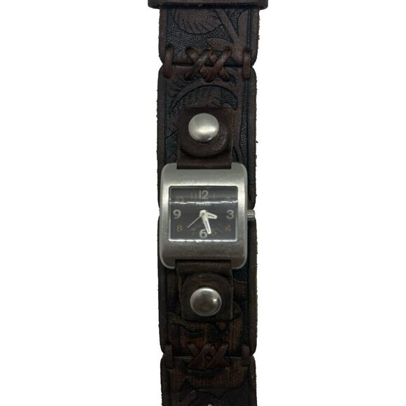 Y2K Fossil WB-1028 Silver Tone Brown Wide Leather Band Analog Women's Watch BOHO - Picture 1 of 7